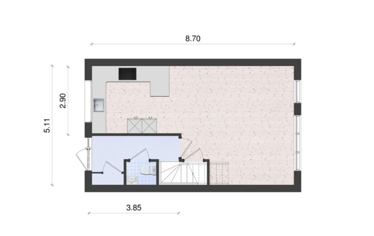 Woningplattegrond met maten en een greeploze U keuken ingetekend