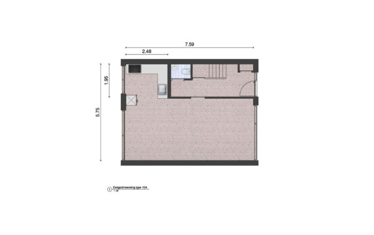 Woningplattegrond van een tussenhoekwoning met maten met een moderne greeploze keuken ingetekend