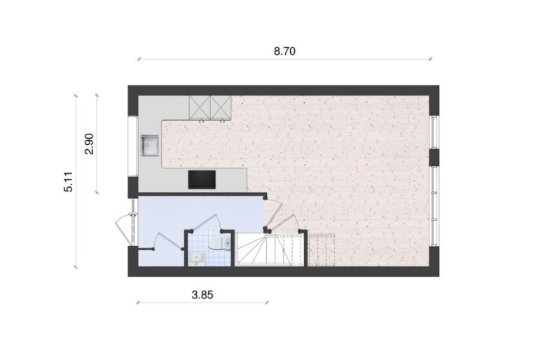 Woningplattegrond met maten en een keuken ingetekend