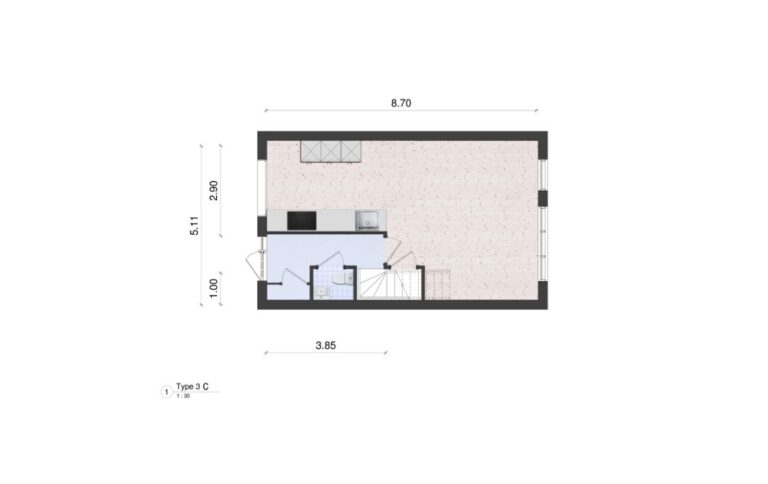 Woningplattegrond van een tussenhoekwoning met maten met een moderne greeploze keuken ingetekend