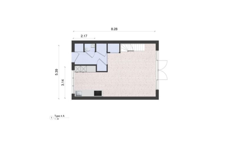Woningplattegrond van een tussenhoekwoning met maten met een moderne greeploze keuken ingetekend