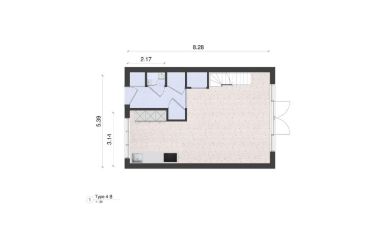 Woningplattegrond van een tussenhoekwoning met maten met een moderne greeploze keuken ingetekend