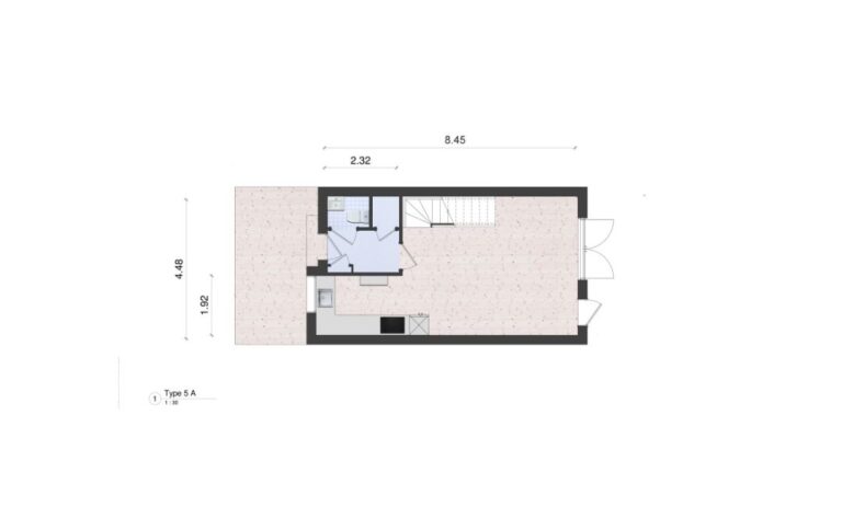 Woningplattegrond van een tussenhoekwoning met maten met een moderne greeploze keuken ingetekend