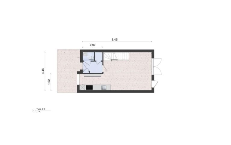 Woningplattegrond van een tussenhoekwoning met maten met een moderne greeploze keuken ingetekend