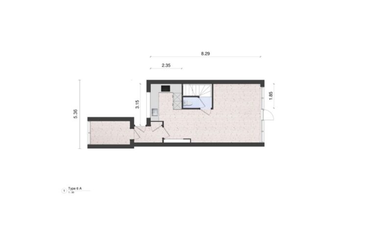 Woningplattegrond van een tussenhoekwoning met maten met een moderne greeploze keuken ingetekend