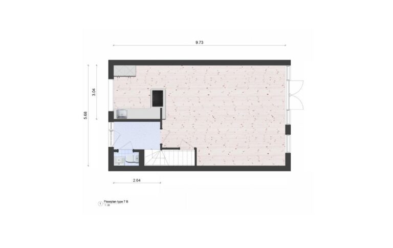 Woningplattegrond van een tussenhoekwoning met maten met een moderne greeploze keuken ingetekend