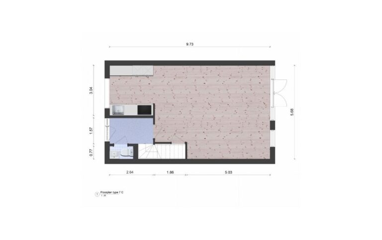 Woningplattegrond van een tussenhoekwoning met maten met een moderne greeploze keuken ingetekend