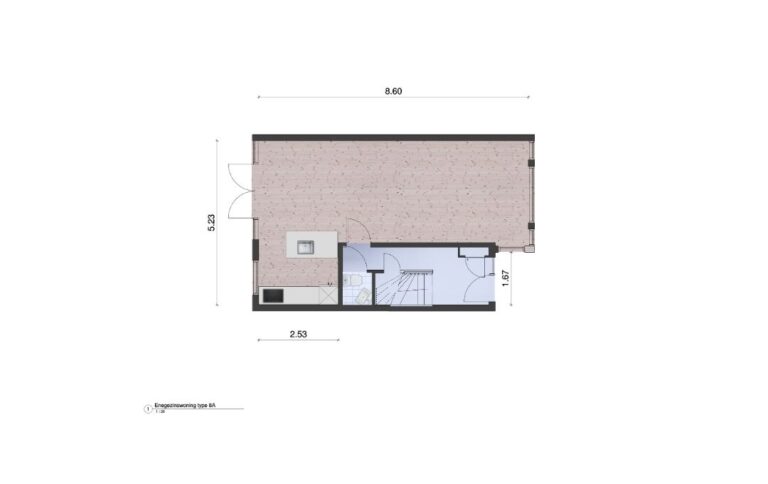 Woningplattegrond van een tussenhoekwoning met maten met een moderne greeploze keuken ingetekend