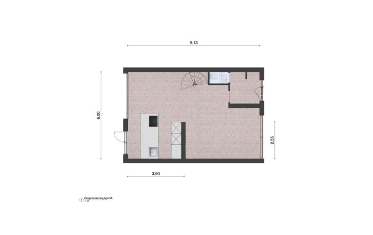 Woningplattegrond van een tussenhoekwoning met maten met een moderne greeploze keuken ingetekend