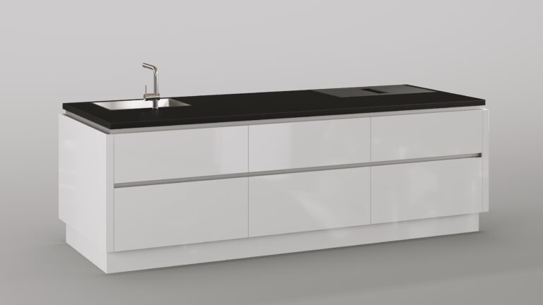 "Greeploos wit keukeneiland met zwart werkblad, geïntegreerde afzuiging, RVS spoelbak, vaatwasser, moderne keuken, minimalistisch design."