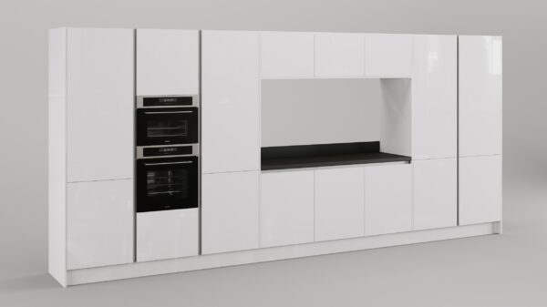 Moderne keuken met een hoge kastenwand in de kleur wit met Inventum apparatuur"