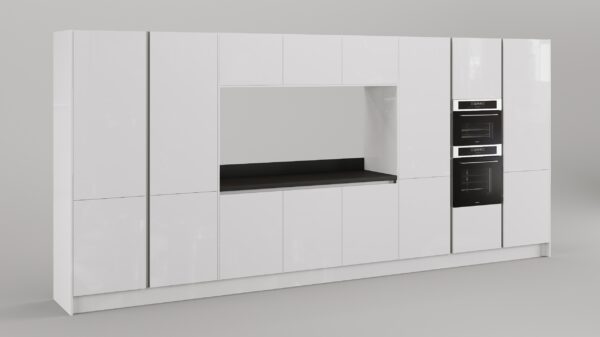 Moderne keuken met een hoge kastenwand in de kleur wit met Inventum apparatuur"