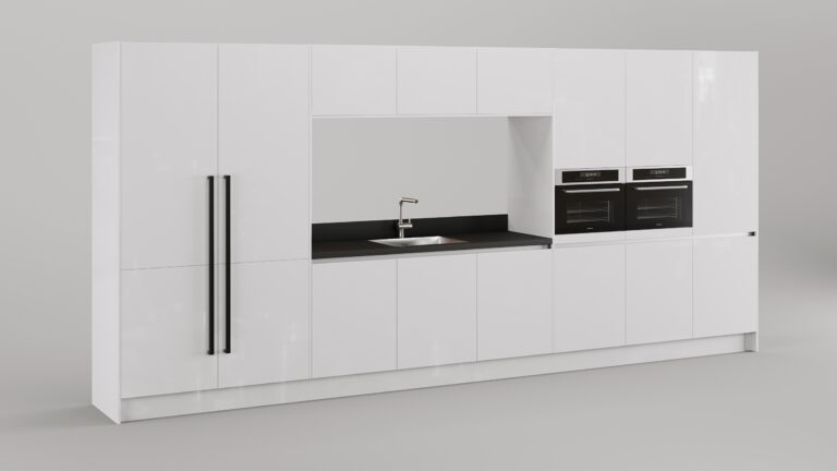 Moderne keuken met een hoge kastenwand in de kleur wit met Inventum apparatuur"