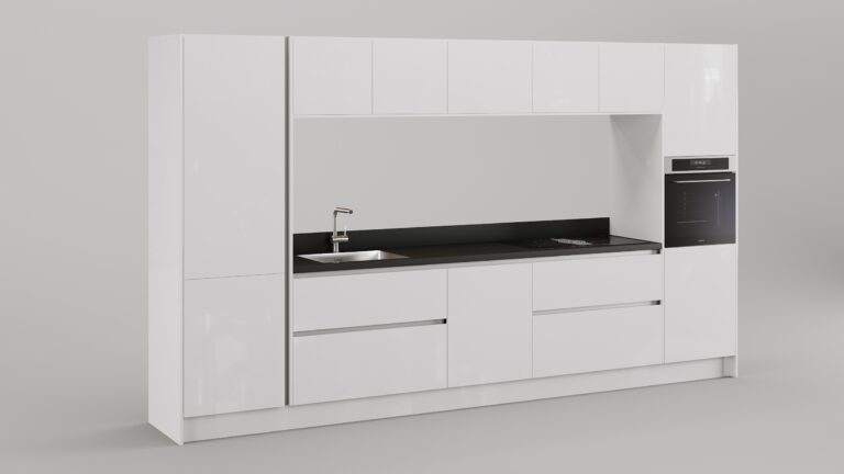Moderne keuken met een hoge kastenwand in de kleur wit met Inventum apparatuur"